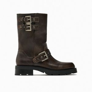NWT Zara Buckled Flat Biker Ankle Boots